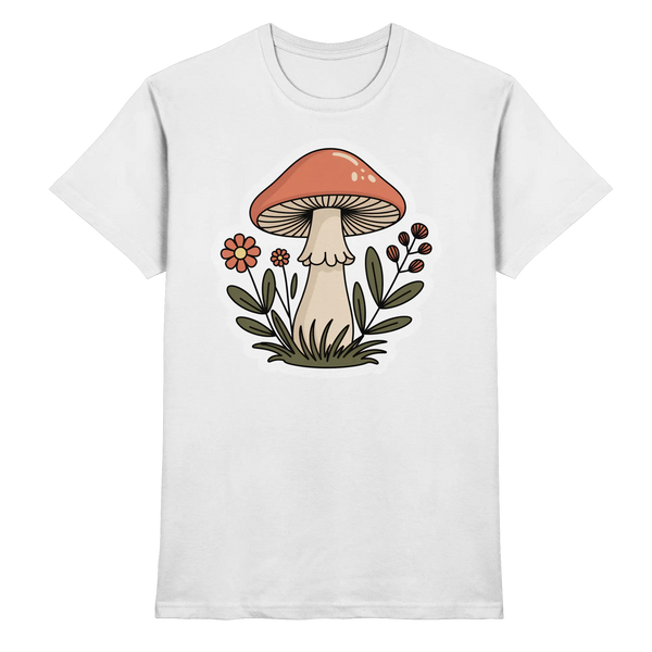 Still Roots t-shirt in White with a mushroom and wildflower – Arvenzo