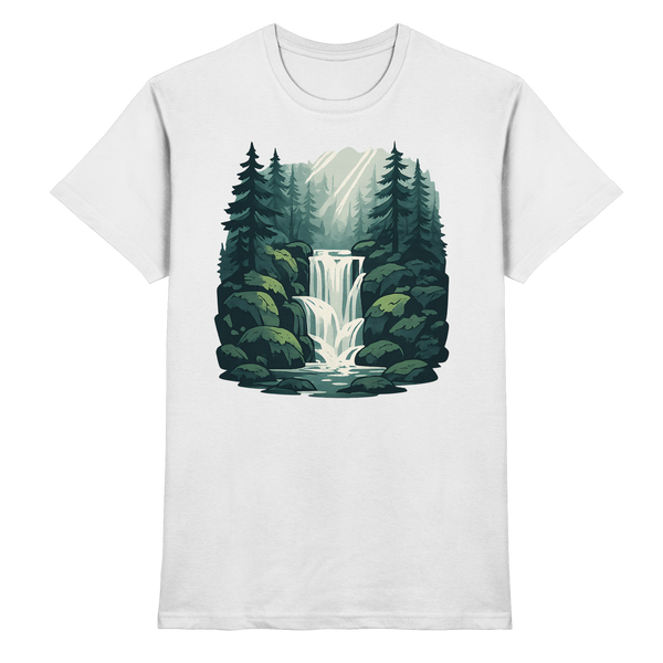 Fall Creek t-shirt in White with a waterfall in a pine forest – Arvenzo