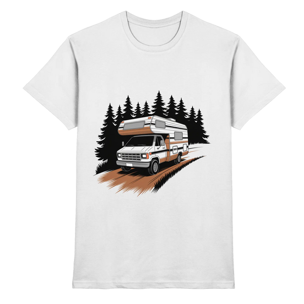 Pathfinder t-shirt in White with a camper van on a forest road – Arvenzo