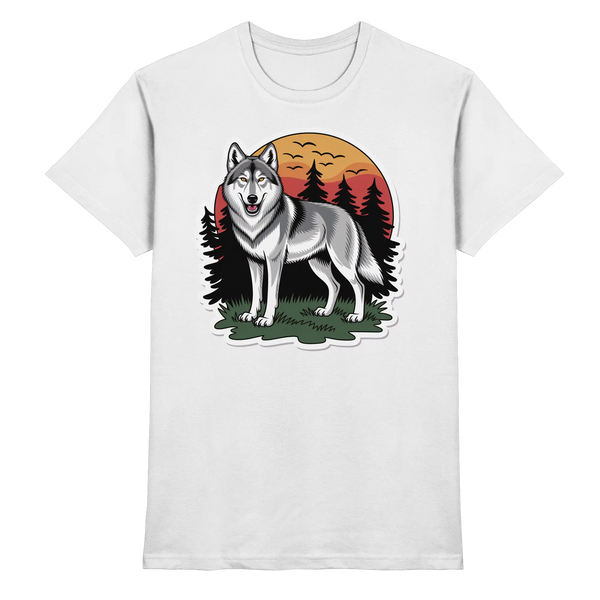 Lone Dusk t-shirt in White with a lone wolf at sunset – Arvenzo