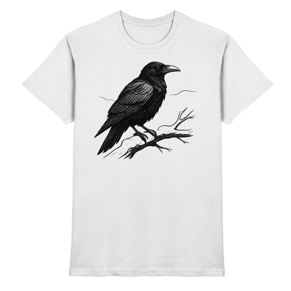 Dark Raven t-shirt in White with a raven on a branch – Arvenzo