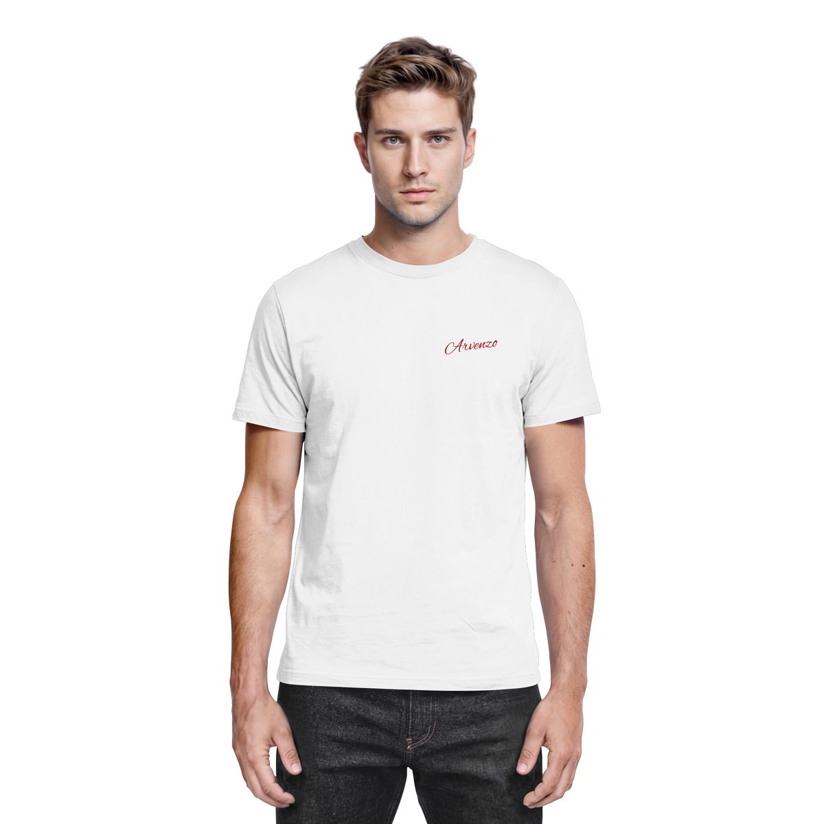 White unisex Pure Ground shirt by Arvenzo, front view showing a sleek, fitted design made from premium fabric.