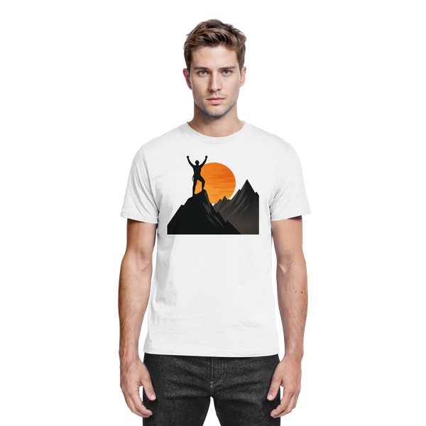 Bold Ascent t-shirt in White with a hiker on a mountain summit at sunset – Arvenzo