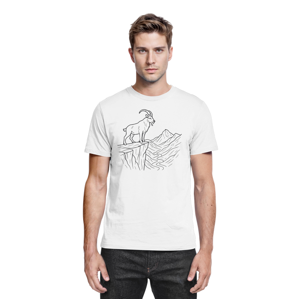 Cliff Edge t-shirt in White with a mountain goat on a cliff line-art – Arvenzo