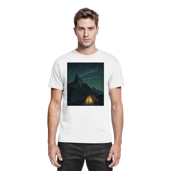 North Light t-shirt in White with a glowing tent under a starry mountain sky – Arvenzo