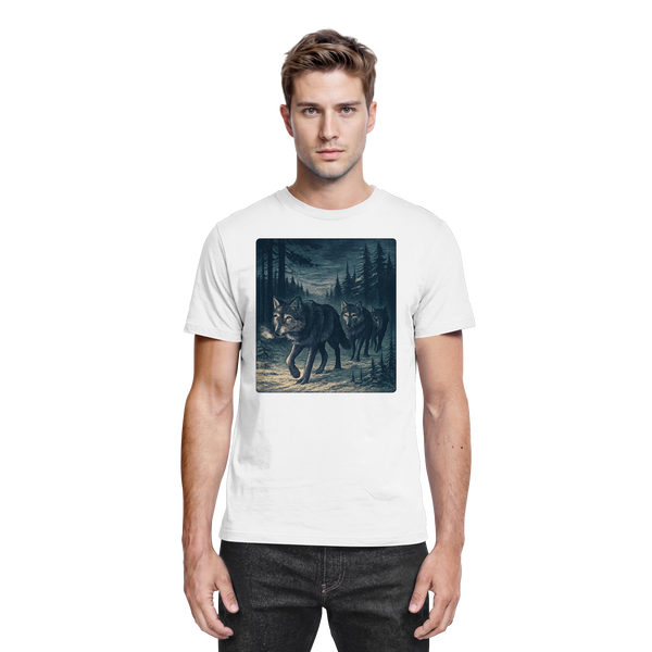 Pack North t-shirt in White with a wolf pack in a night forest – Arvenzo