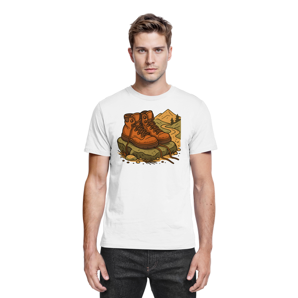 Trail Rest t-shirt in White with a pair of hiking boots on the trail – Arvenzo