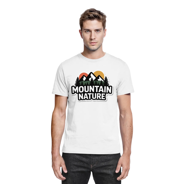 High Ridge t-shirt in White with a 'Mountain Nature' badge with peaks and sun – Arvenzo