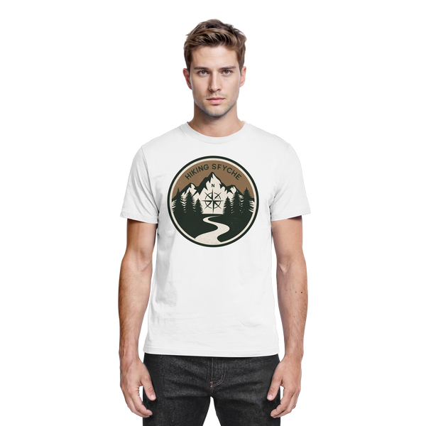 Trail Crest t-shirt in White with a vintage hiking badge with compass and mountains – Arvenzo