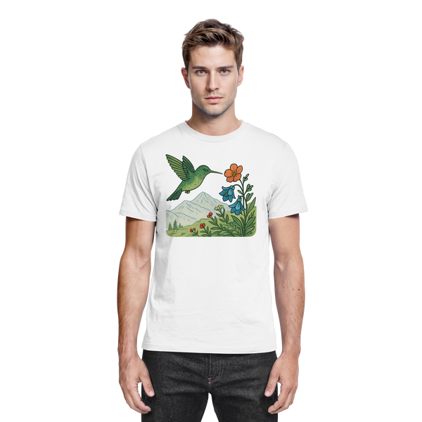 Bloom Wing t-shirt in White with a hummingbird and flowers – Arvenzo