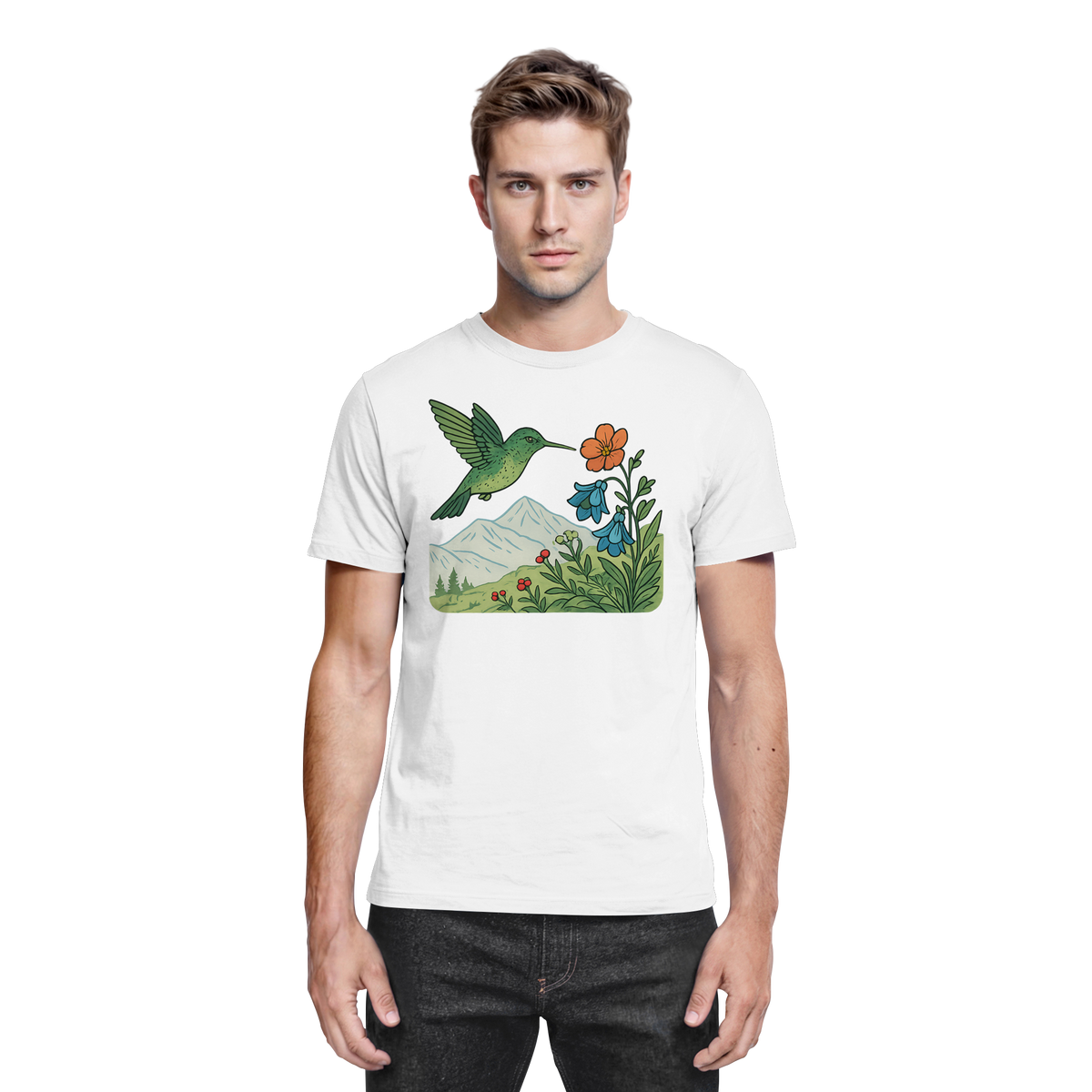 White unisex Bloom Wing shirt by Arvenzo featuring a front view with a stylish wing design on the chest.