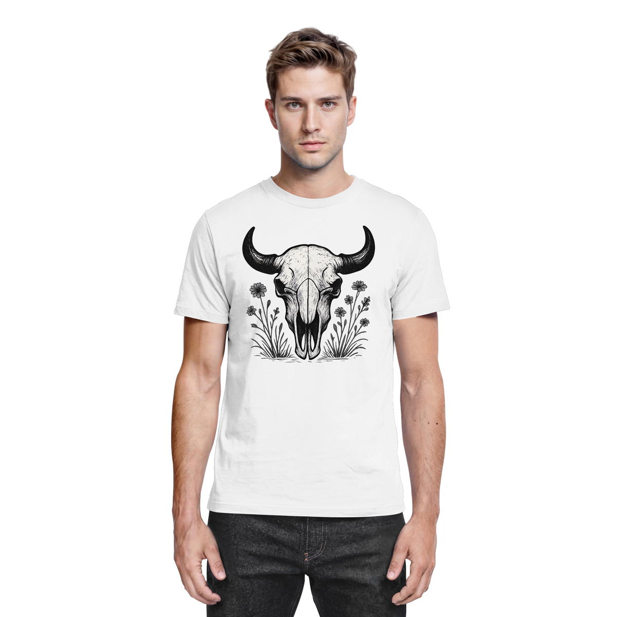 White unisex Bison Skull shirt by Arvenzo, featuring a front view of the premium shirt with a bold bison skull graphic.