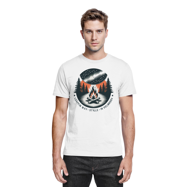 Star Map t-shirt in White with a campfire under a starry sky – Arvenzo