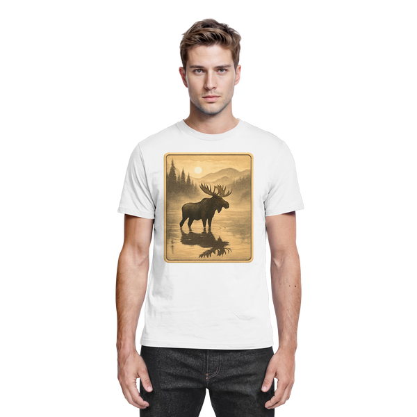 Calm Shore t-shirt in White with a moose in a lake at dusk – Arvenzo