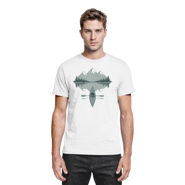 Mirror Lake t-shirt in White with a kayak on a mirrored mountain lake – Arvenzo