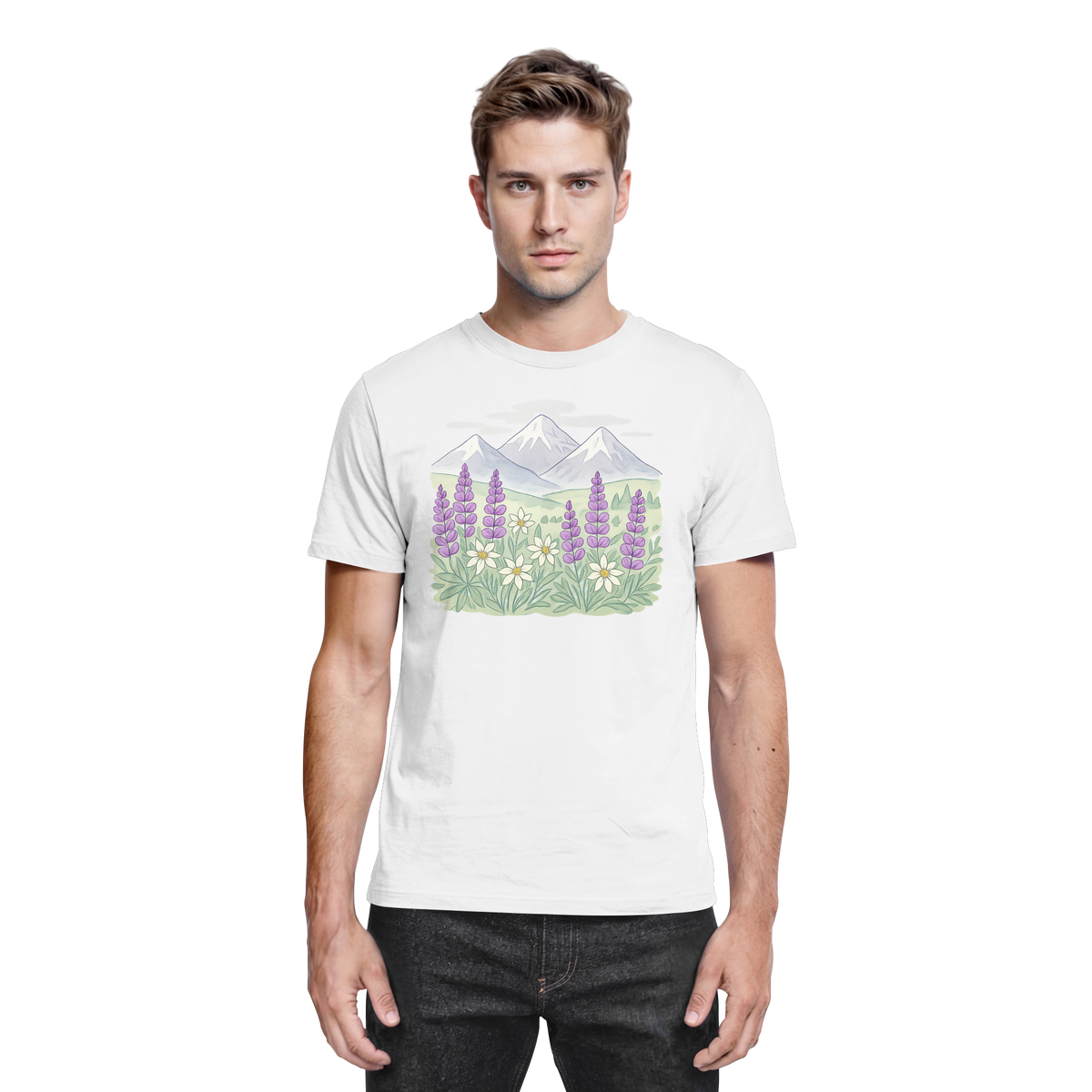 Front view of Arvenzo Alpine Bloom unisex white shirt with floral design, showcasing a stylish and comfortable casual shirt.