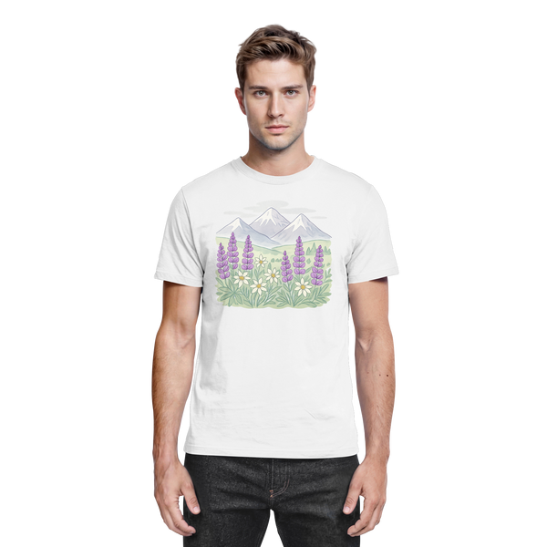 Alpine Bloom t-shirt in White with an alpine wildflower and mountain – Arvenzo