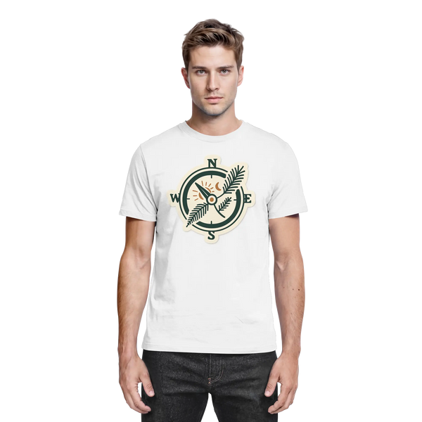 Trail Compass t-shirt in White with a vintage compass and fern leaf – Arvenzo
