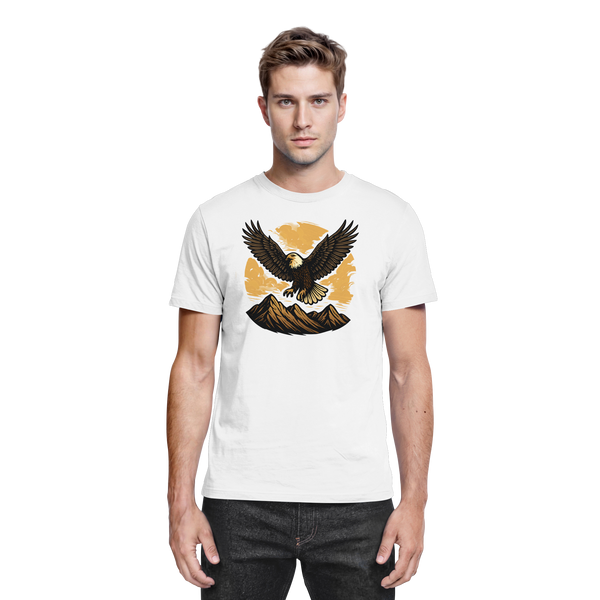 Iron Wing t-shirt in White with a soaring eagle over mountains – Arvenzo