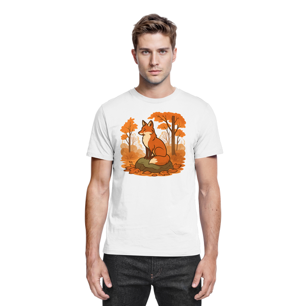 Ember Trail t-shirt in White with a fox in an autumn forest – Arvenzo