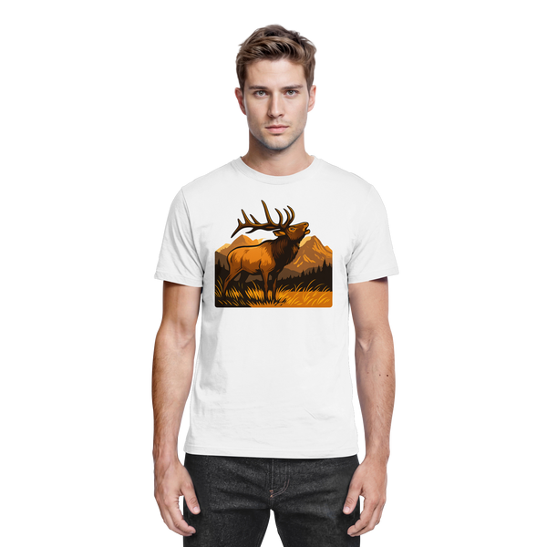 Elk Meadow t-shirt in White with a bull elk in a meadow – Arvenzo