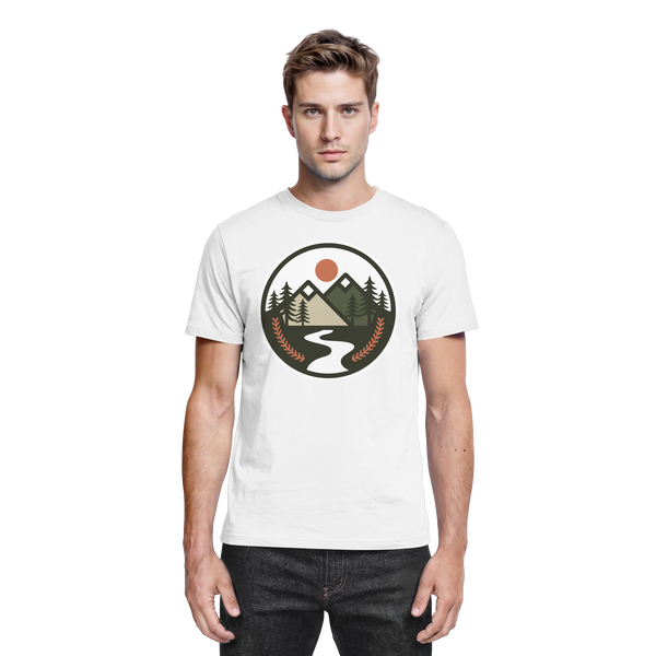 Open Ground t-shirt in White with a round mountain, sun and trail badge – Arvenzo
