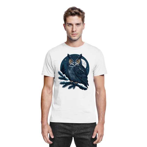 Night Watch t-shirt in White with a night owl on a pine branch – Arvenzo
