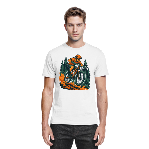 Dirt Rush t-shirt in White with a mountain biker in the forest – Arvenzo
