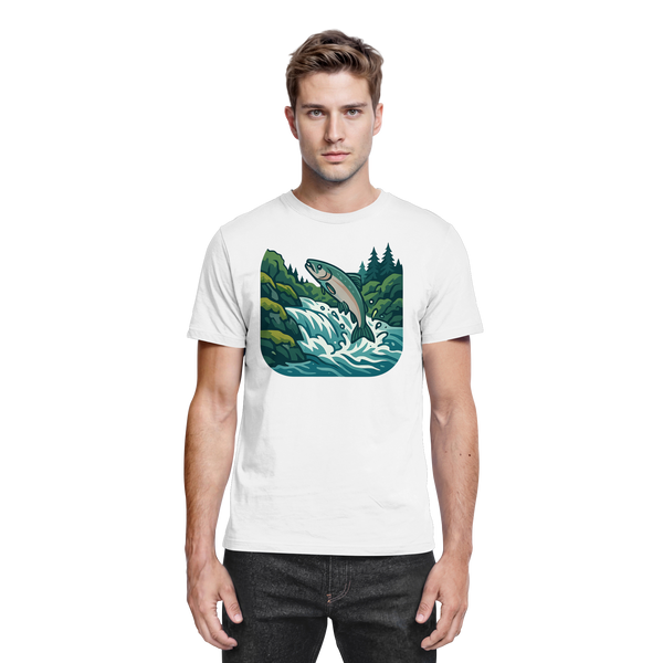 Silver Run t-shirt in White with a salmon leaping up a river – Arvenzo
