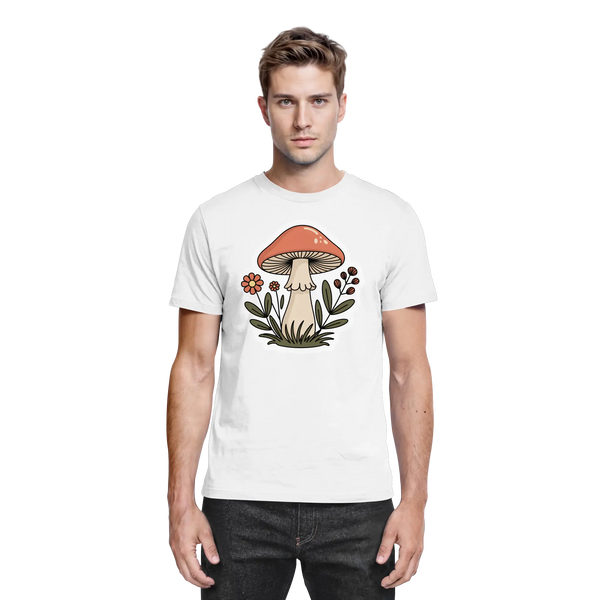 Still Roots t-shirt in White with a mushroom and wildflower – Arvenzo