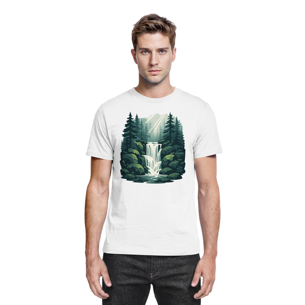 Fall Creek t-shirt in White with a waterfall in a pine forest – Arvenzo