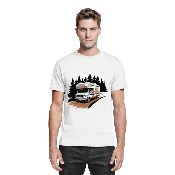 Pathfinder t-shirt in White with a camper van on a forest road – Arvenzo