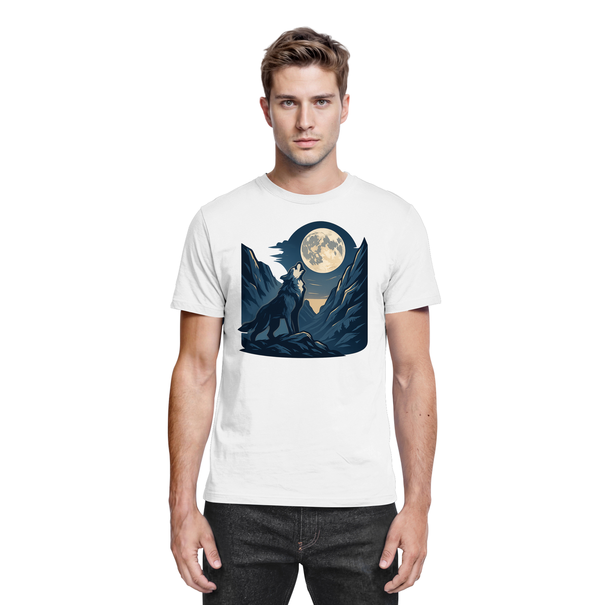 Front view of a white unisex Silver Howl shirt by Arvenzo, featuring a sleek design and comfortable fit.