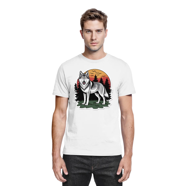 Lone Dusk t-shirt in White with a lone wolf at sunset – Arvenzo