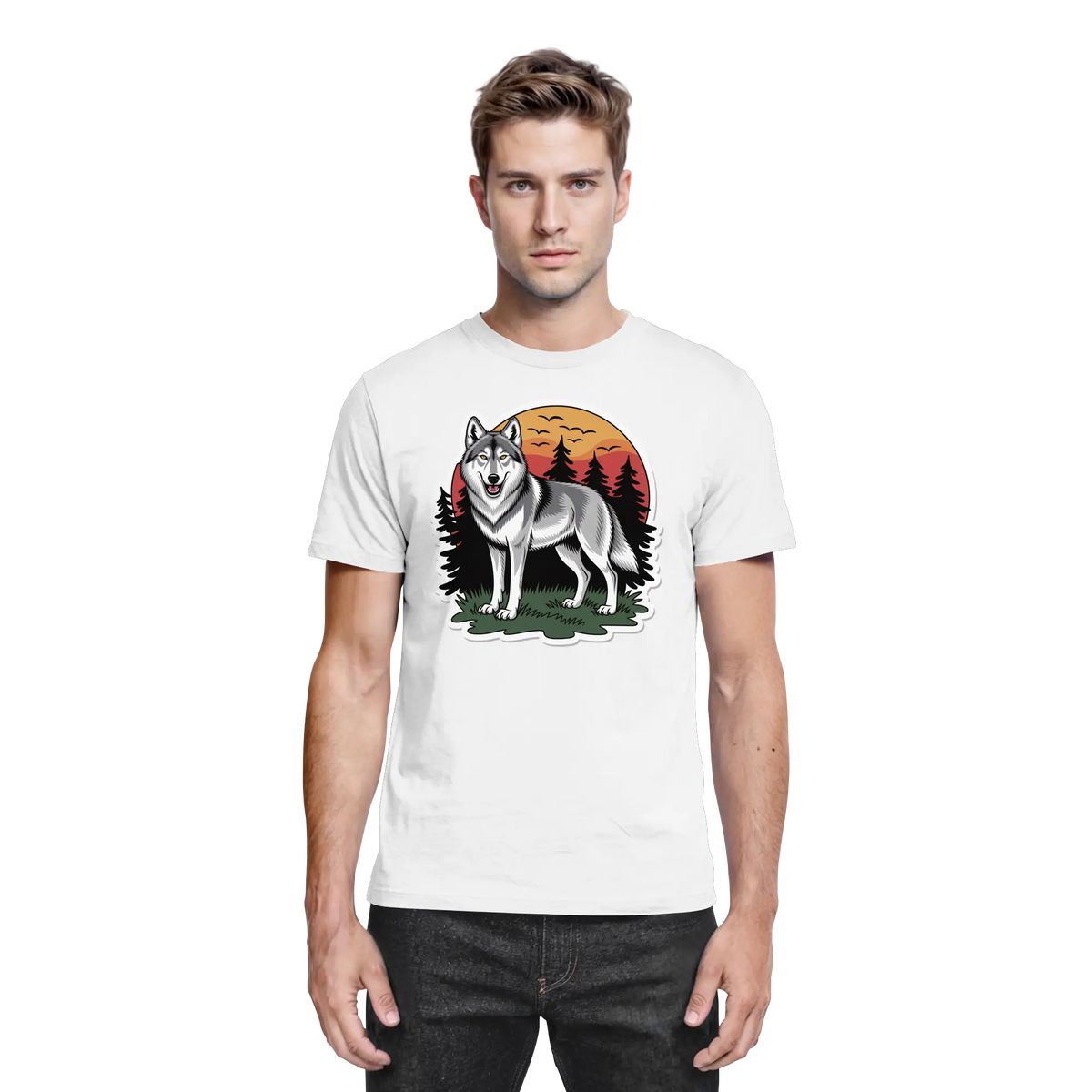 White Arvenzo Lone Dusk unisex shirt with a front design, made from premium fabric, shown from the front view.