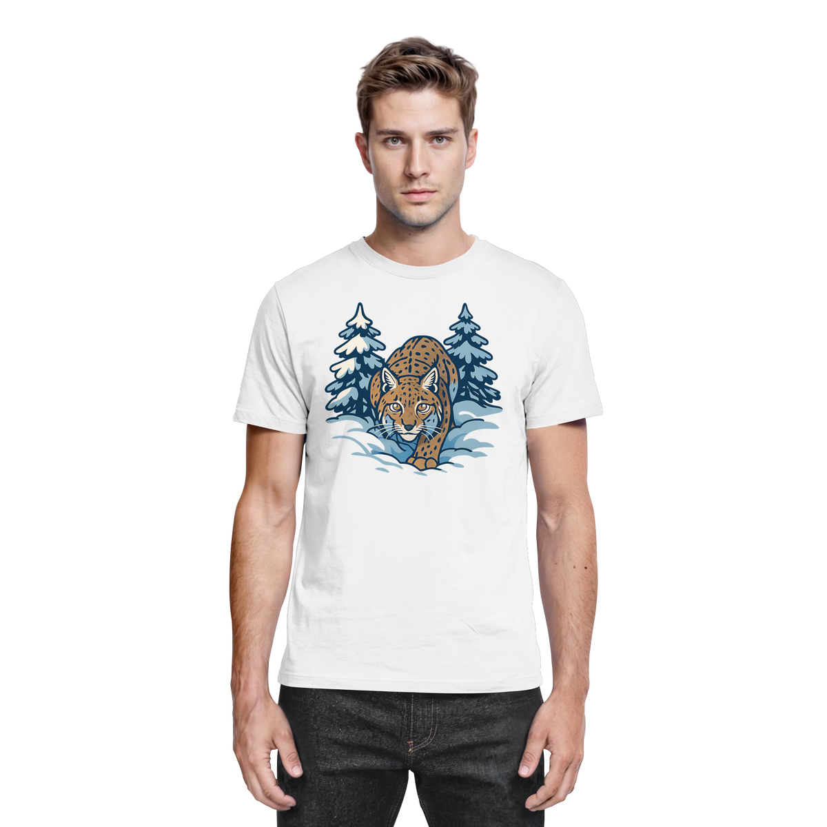 White Arvenzo Snow Lynx unisex shirt with front design, made from premium fabric, casual and stylish for everyday wear.