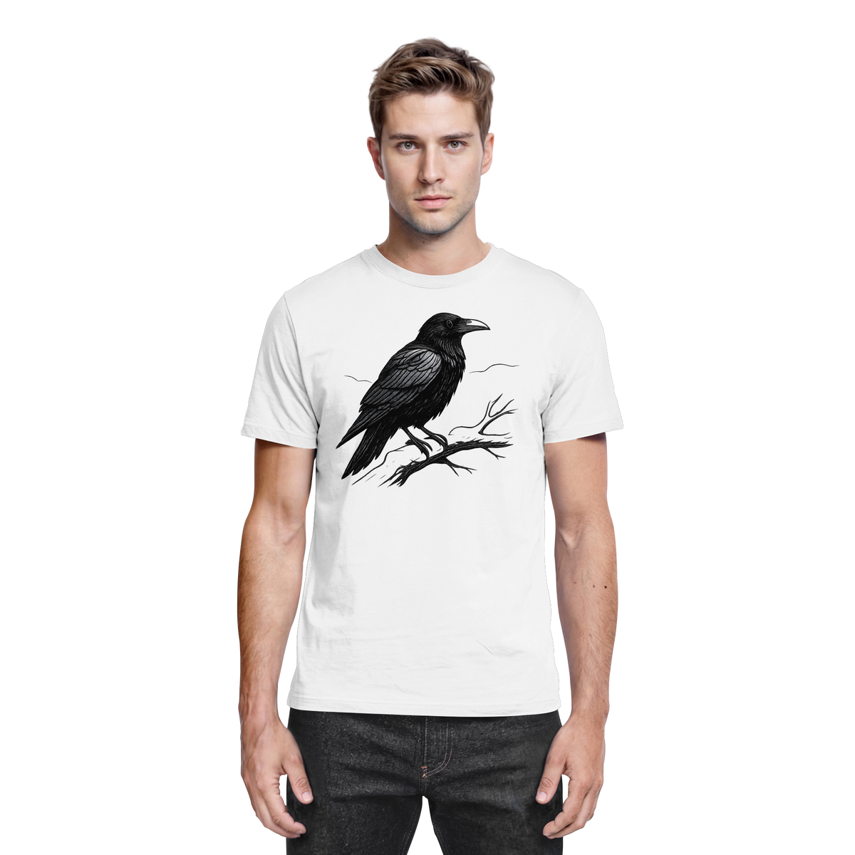 Front view of Arvenzo dark raven unisex shirt with a sleek black design on a white background.