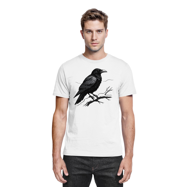Dark Raven t-shirt in White with a raven on a branch – Arvenzo