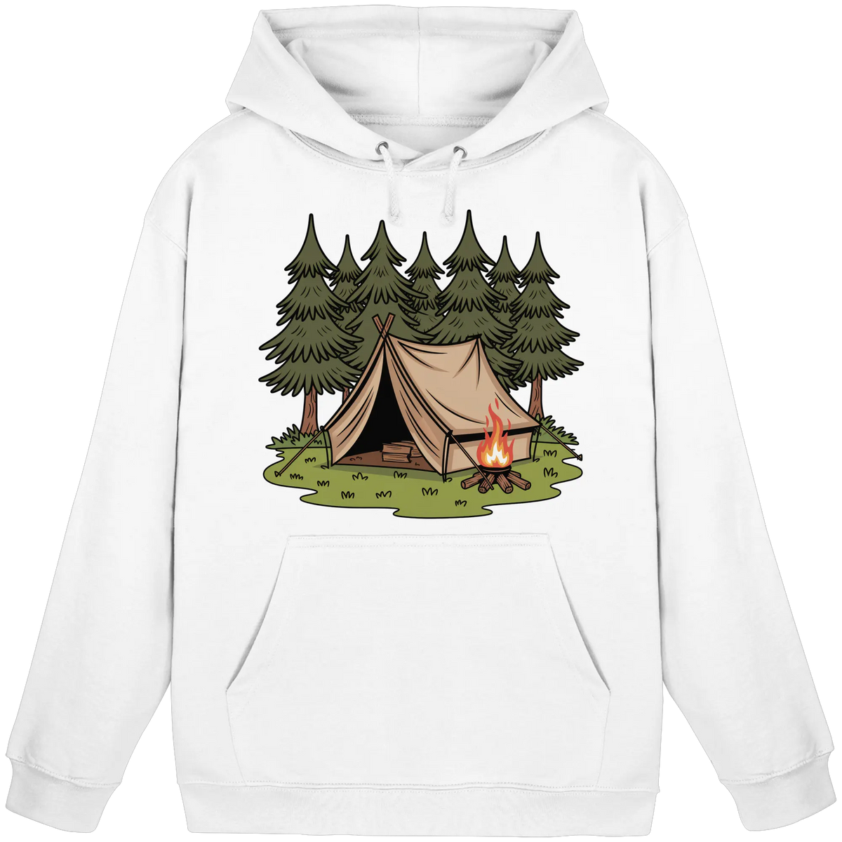 Rustic Retreat hoodie with a tent, campfire and pine forest – Arvenzo