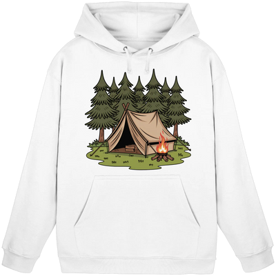 Rustic Retreat hoodie with a tent, campfire and pine forest – Arvenzo