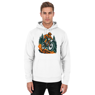 Dirt Rush hoodie with a mountain biker in the forest – Arvenzo