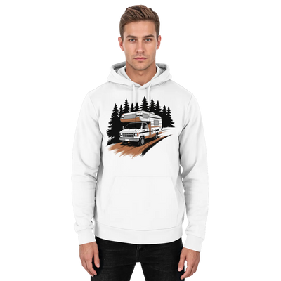 Pathfinder hoodie with a camper van on a forest road – Arvenzo