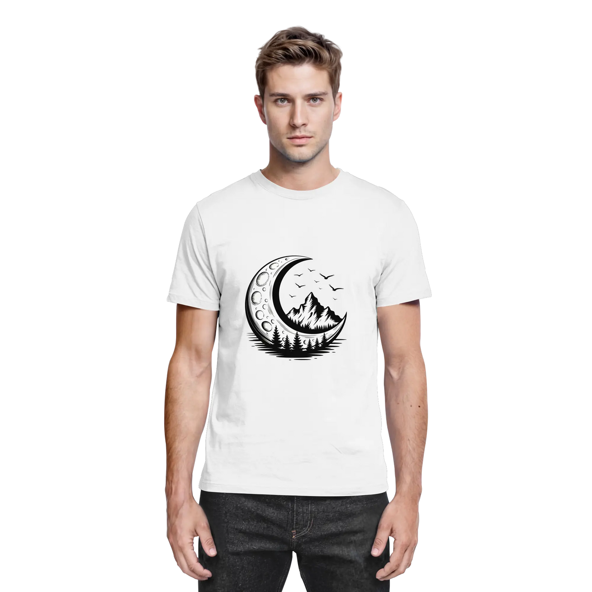 Crescent Peak t-shirt with a crescent moon above a mountain – Arvenzo
