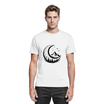 Crescent Peak t-shirt with a crescent moon above a mountain – Arvenzo