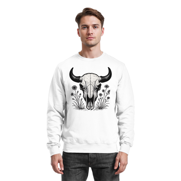 Arvenzo Bison Skull sweatshirt in Arctic White, front view showcasing the printed bison skull design on a cozy sweatshirt.