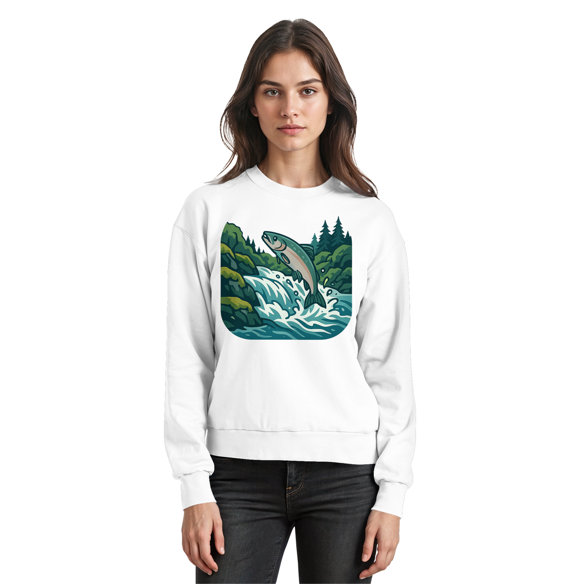 Front view of Arvenzo Silver Run sweatshirt in Arctic White, showcasing a classic crewneck design and soft cotton fabric.