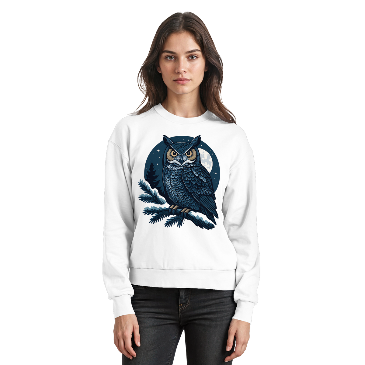 Arvenzo Night Watch sweatshirt in Arctic White, front view showing simple crewneck design and soft cotton fabric.