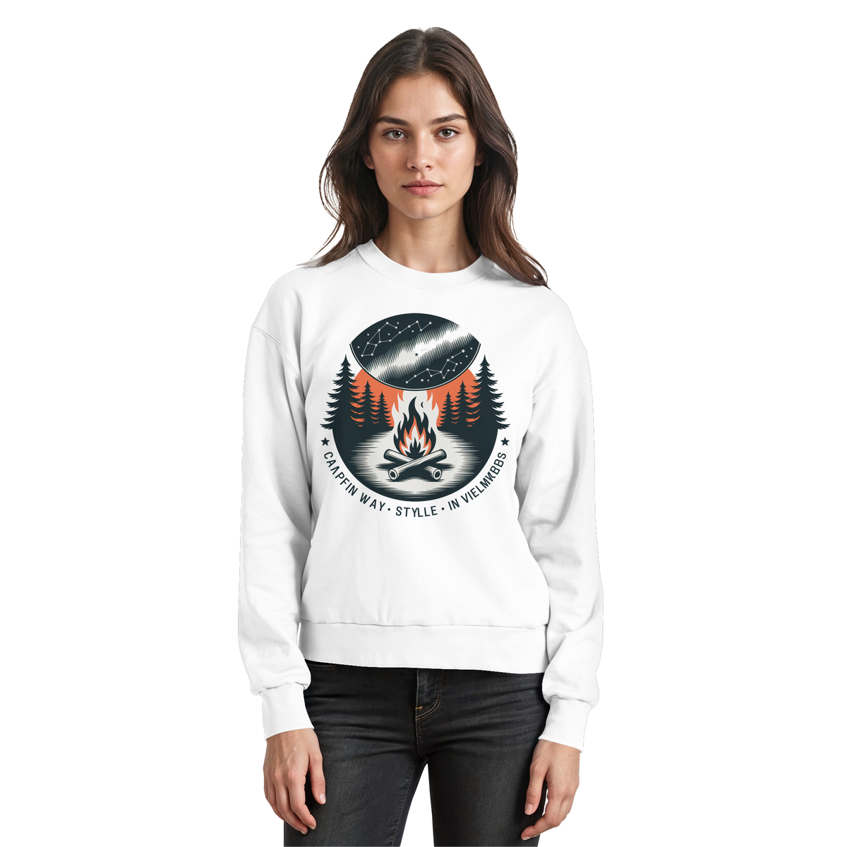 Arvenzo Star Map sweatshirt in Arctic White, front view showing celestial star pattern on cozy sweatshirt fabric.