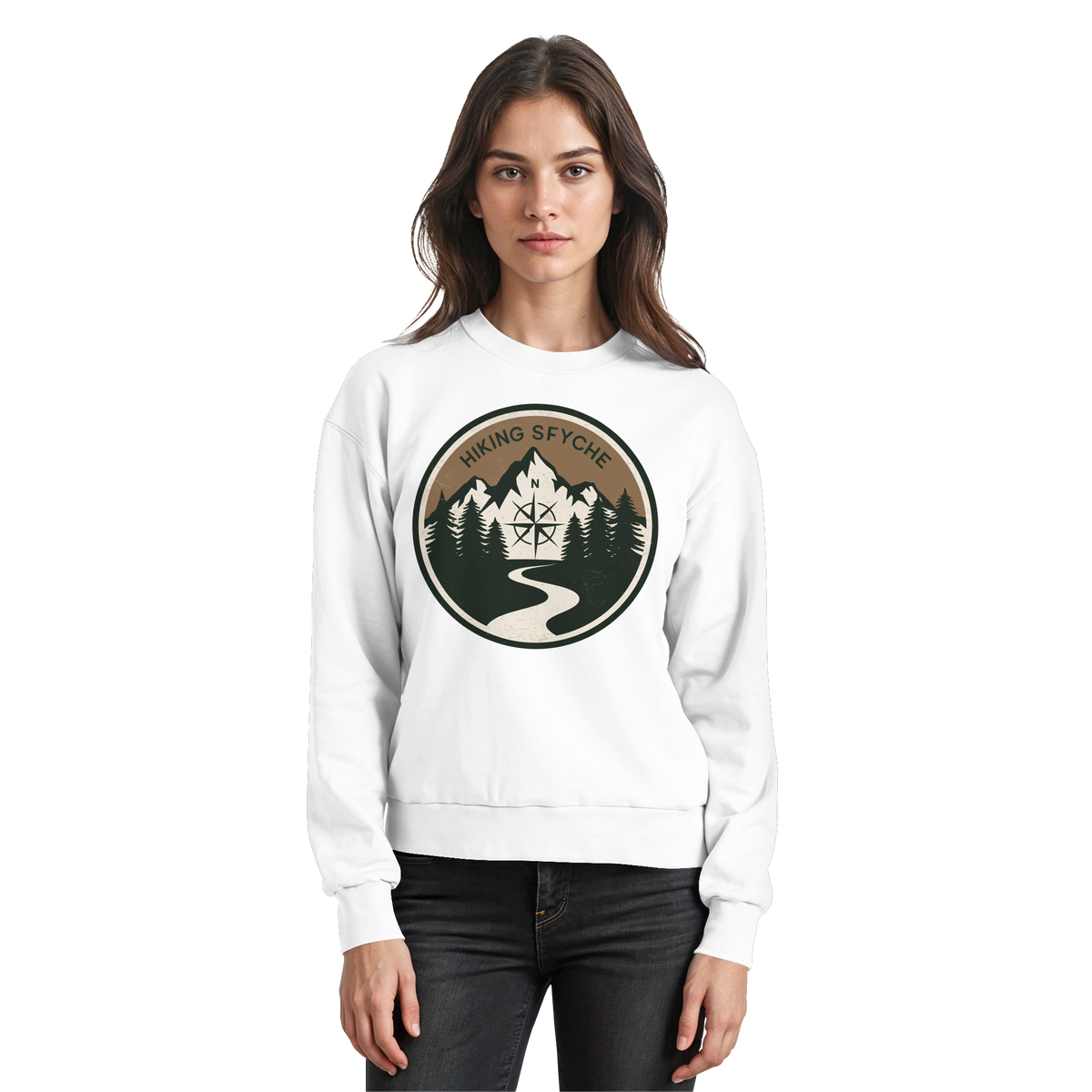Arvenzo Trail Crest sweatshirt in Arctic White, front view showing classic crewneck design and soft fabric.
