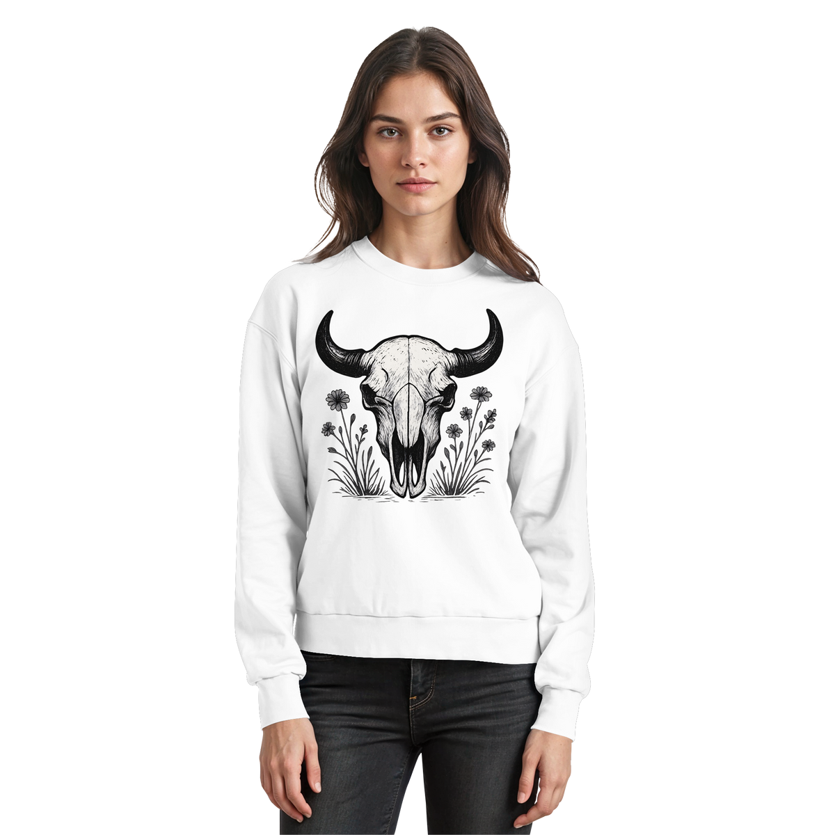 Arvenzo Bison Skull sweatshirt in Arctic White, front view showing sweatshirt with bison skull graphic and casual fit.